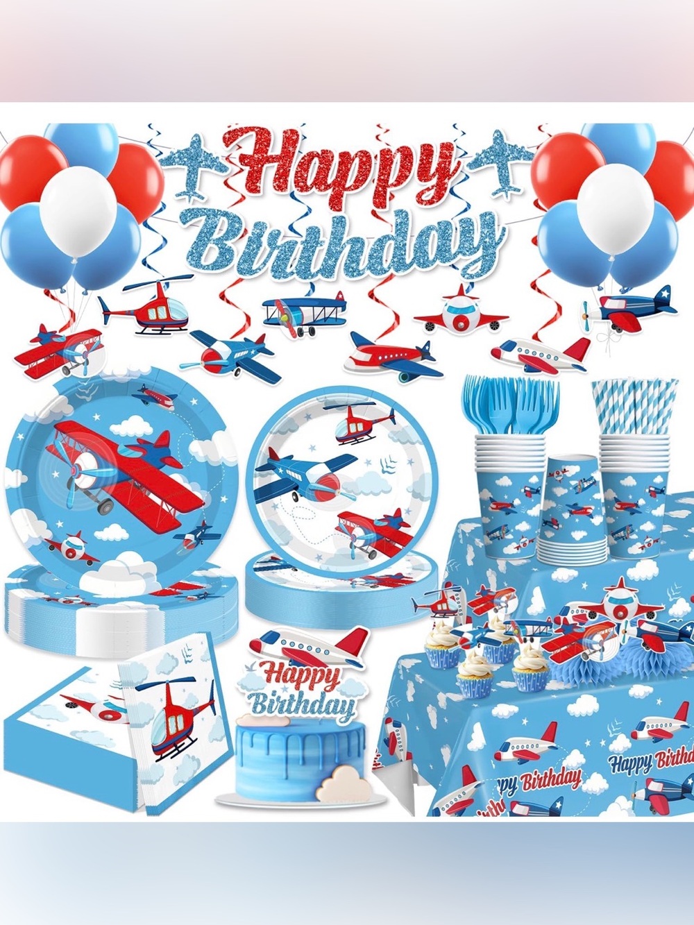 Party Airplane Tableware Set - Blue Red Plane Theme - See below for totals